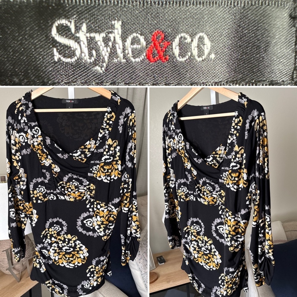 Style & Co Womens Black/grey/gold Floral Long Sleeve Blouse Size XL